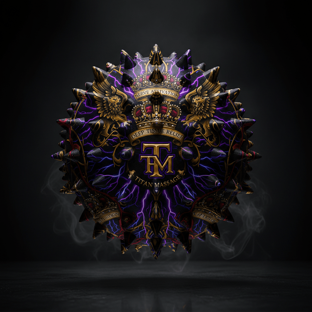 TITAN spiky massage ball with black, gold, and purple lightning design, ornate crown, and heraldic lion detailing.