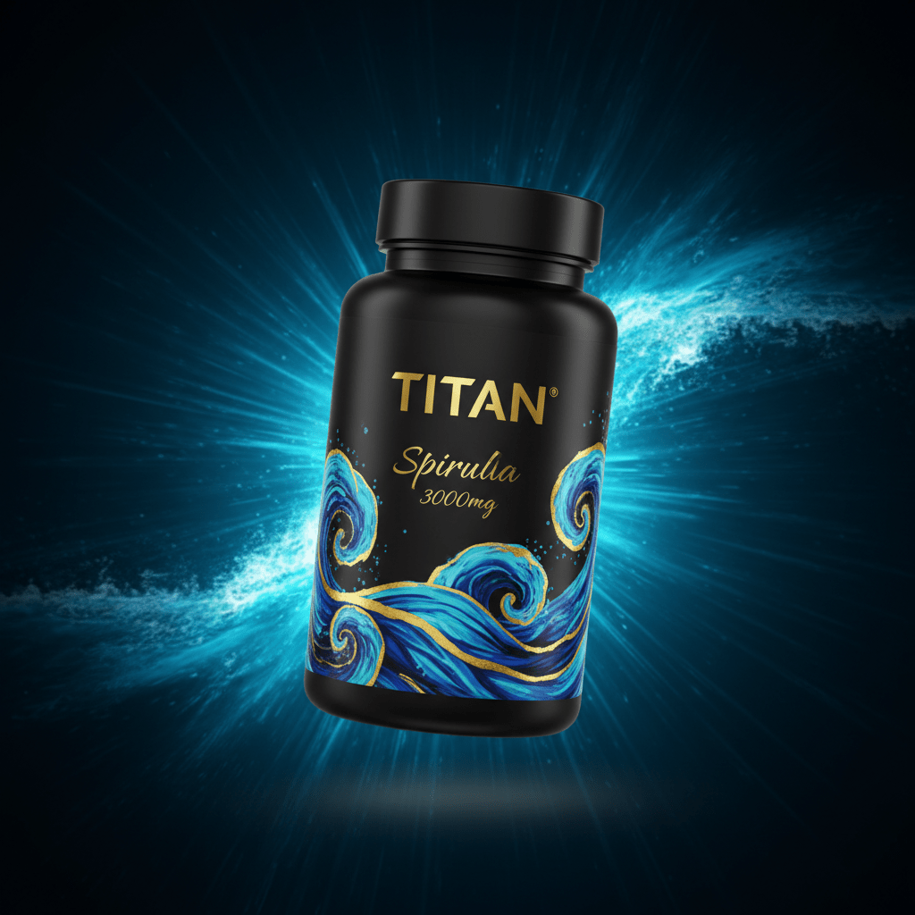 Black supplement bottle with "TITAN Spirulina 3000mg" text and blue-gold wave art against a glowing blue light burst.