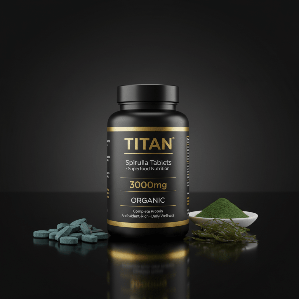 Black bottle of TITAN Spirulina tablets with gold text, next to green tablets, powder, and spirulina on dark surface.