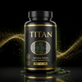 Black bottle of Titan Spirulina tablets with gold text, oval window showing dark green tablets, and gold dust effect.