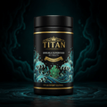 Black jar of Titan Spirulina tablets with gold text, crown logo, and teal ocean wave illustration on dark background.
