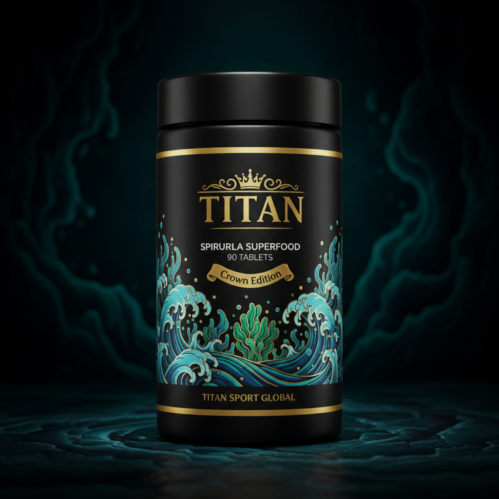 Black jar of Titan Spirulina tablets with gold text, crown logo, and teal ocean wave illustration on dark background.