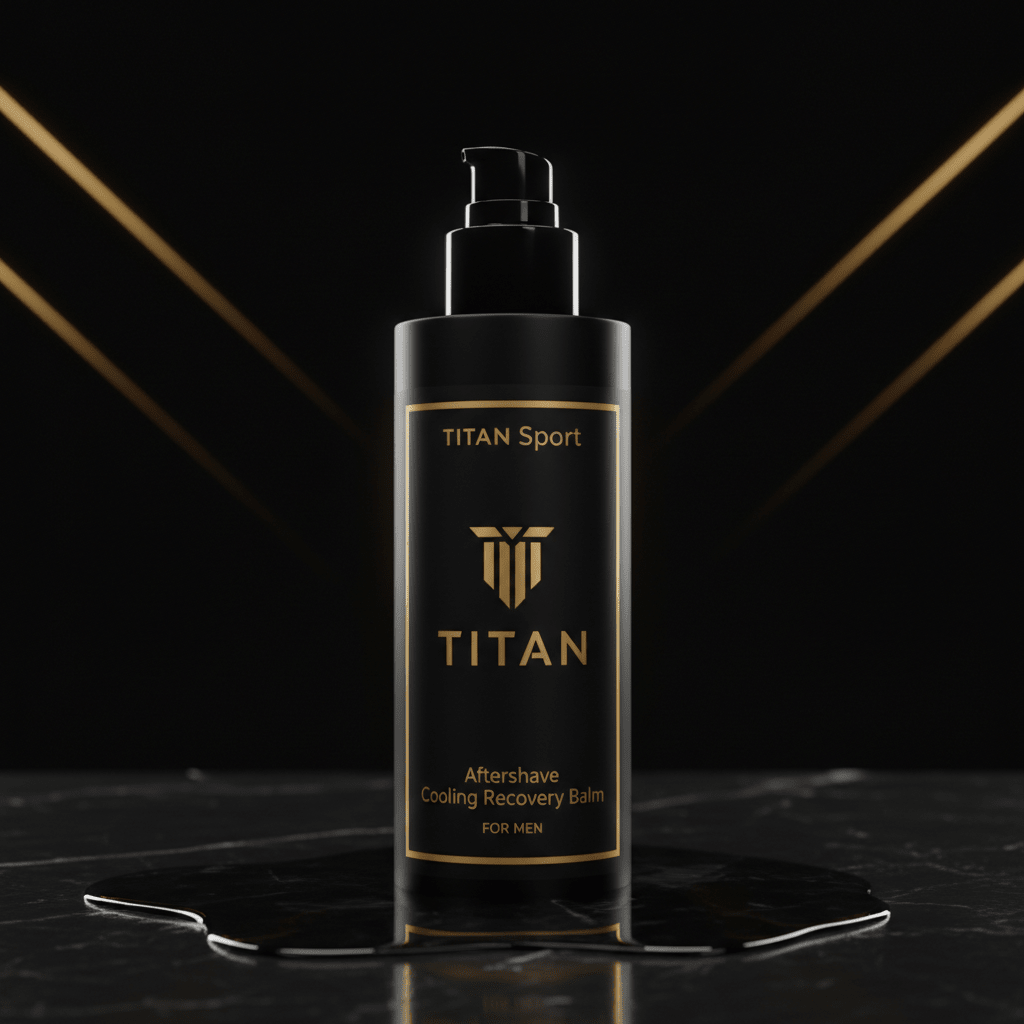 TITAN Sport matte black pump bottle with gold lettering and logo, centered on a dark marble surface.