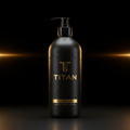 Matte black pump bottle with gold "TITAN" logo and "Sport Body Lotion" text, featuring water droplets on dark surface.