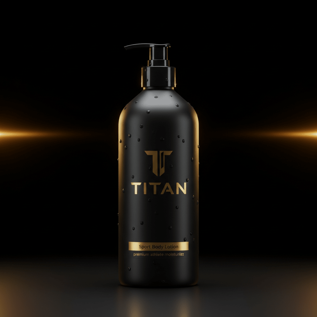 Matte black pump bottle with gold "TITAN" logo and "Sport Body Lotion" text, featuring water droplets on dark surface.
