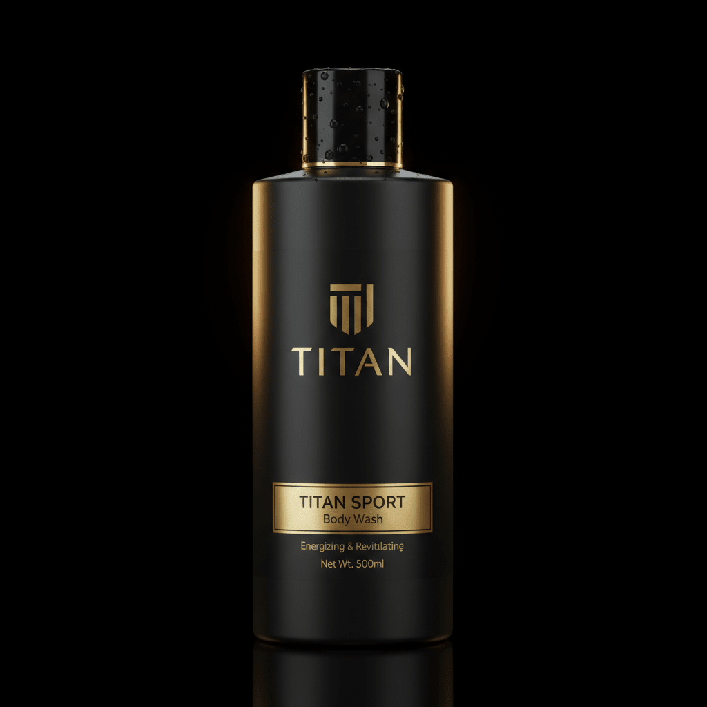 Matte black TITAN SPORT body wash bottle with gold accents and logo against a dark background.