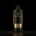 Matte black pump bottle for TITAN Sport Conditioner with gold metallic logo, label, and subtle rim lighting.