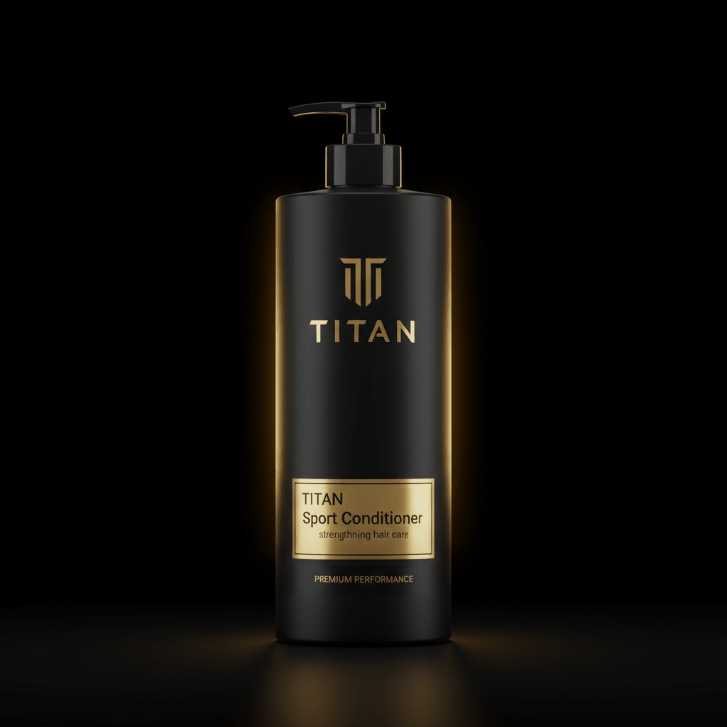 Matte black pump bottle for TITAN Sport Conditioner with gold metallic logo, label, and subtle rim lighting.