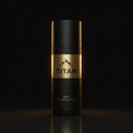 Matte black TITAN Sport deodorant stick with a gold center band, mountain logo, and water droplets on dark background.