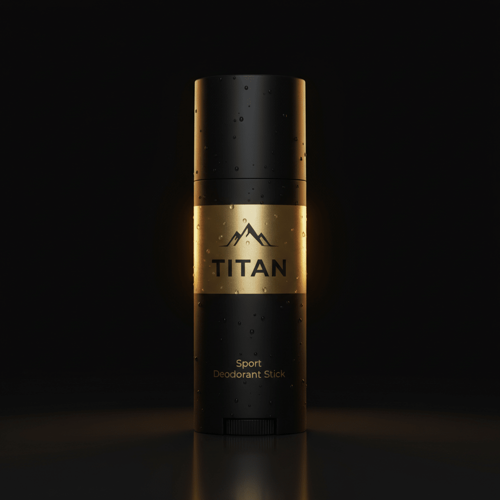 Matte black TITAN Sport deodorant stick with a gold center band, mountain logo, and water droplets on dark background.