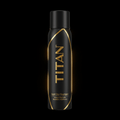 Black aerosol spray bottle with vertical gold "TITAN" logo, gold geometric accents, and "Sport Dry Shampoo" text.