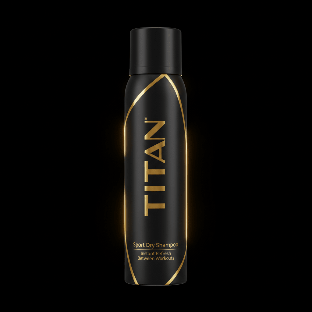 Black aerosol spray bottle with vertical gold "TITAN" logo, gold geometric accents, and "Sport Dry Shampoo" text.