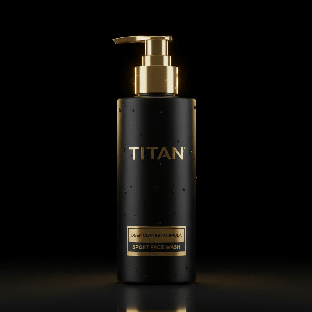 Matte black pump bottle with gold "TITAN" logo and "SPORT FACE WASH" label, featuring water droplets on a black surface.