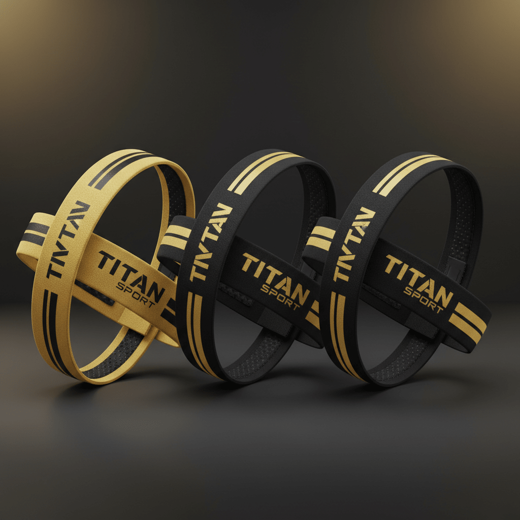 TITAN Sport 3-pack headbands: one gold, two black. Featuring "TITAN SPORT" branding and double-stripe detailing.