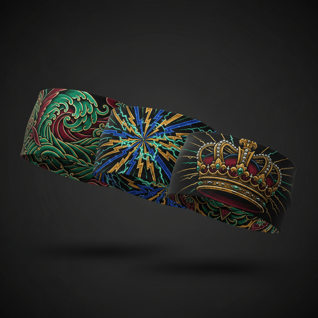 Three TITAN sport headbands featuring green wave, blue lightning, and gold crown designs on black fabric.