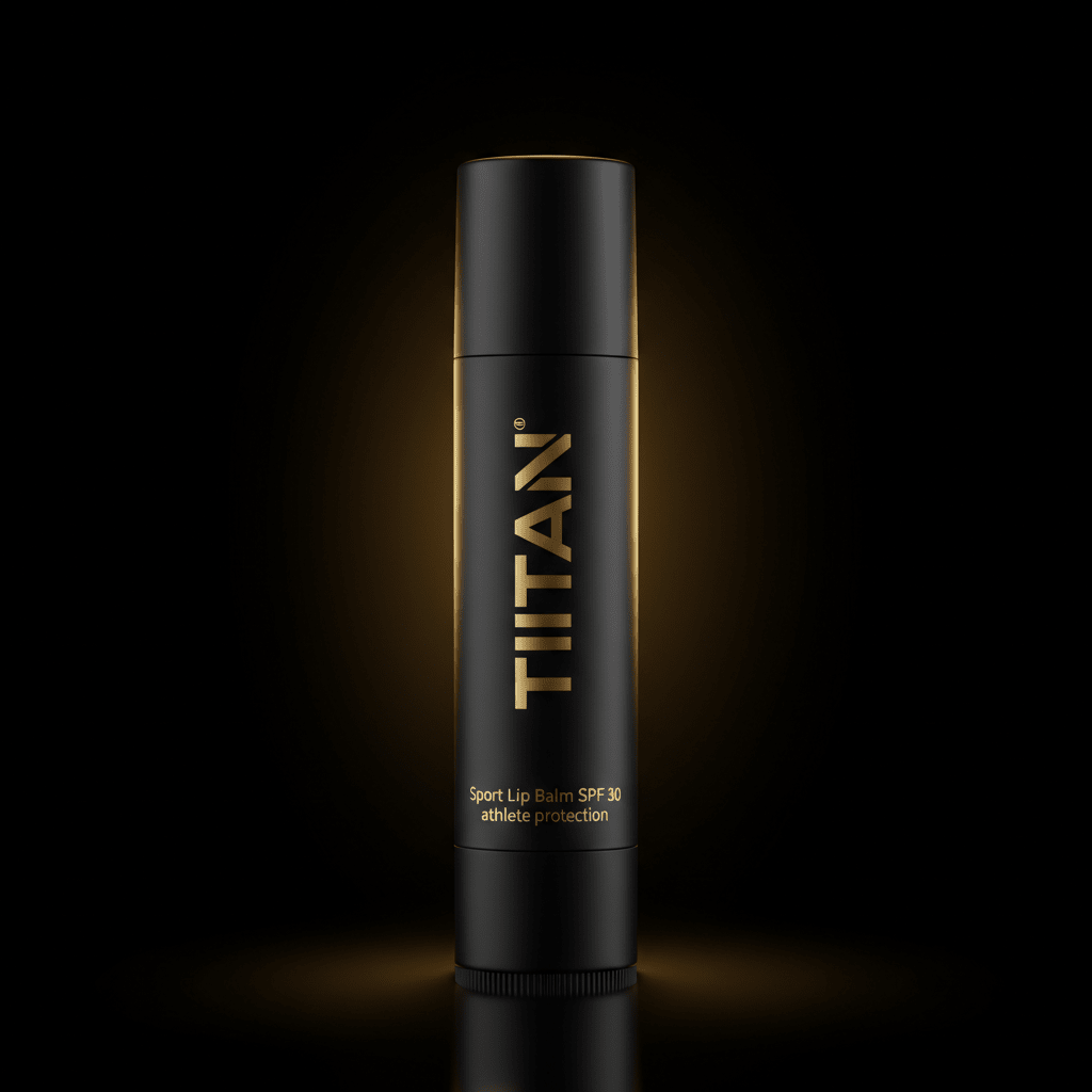 Matte black TITAN Sport Lip Balm SPF 30 stick with metallic gold branding, illuminated against a dark background.