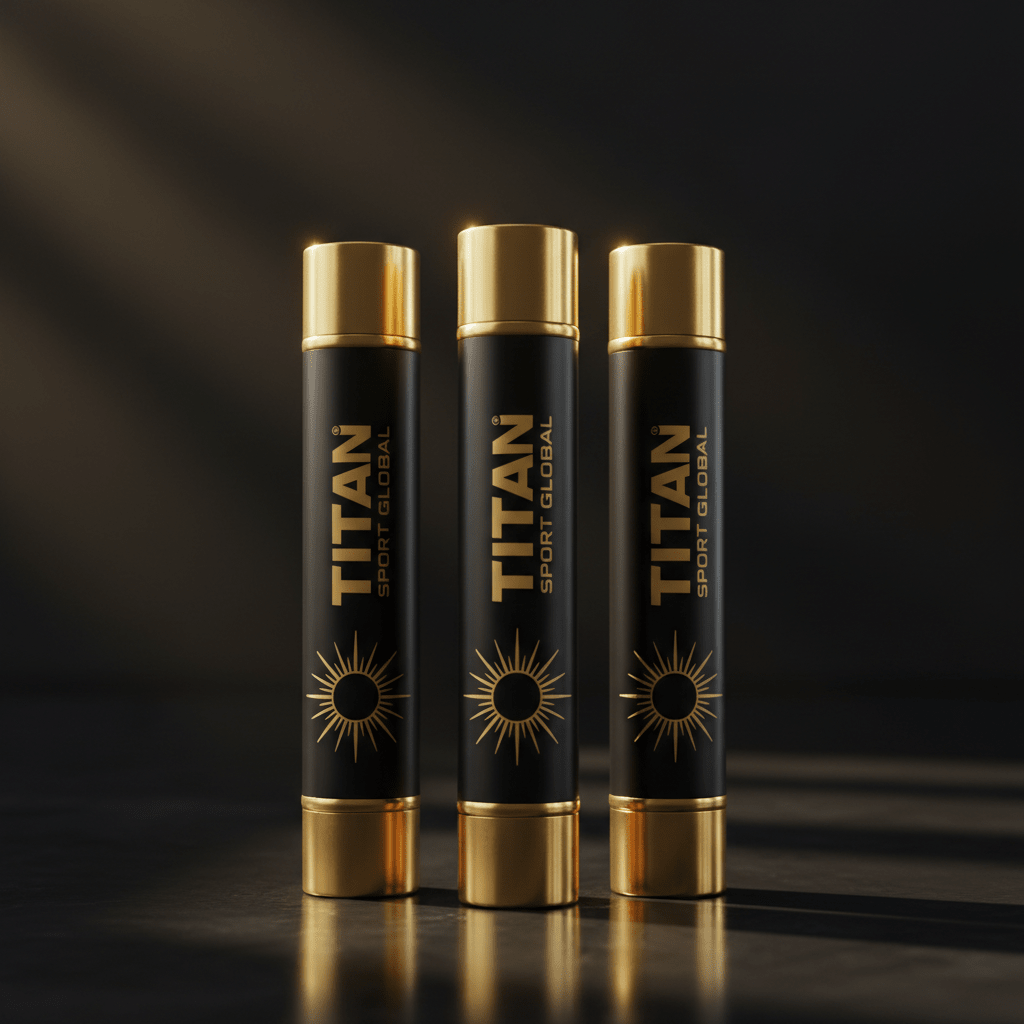 Three black and gold TITAN Sport lip balm tubes with sun logo, vertically aligned on a dark, reflective surface.