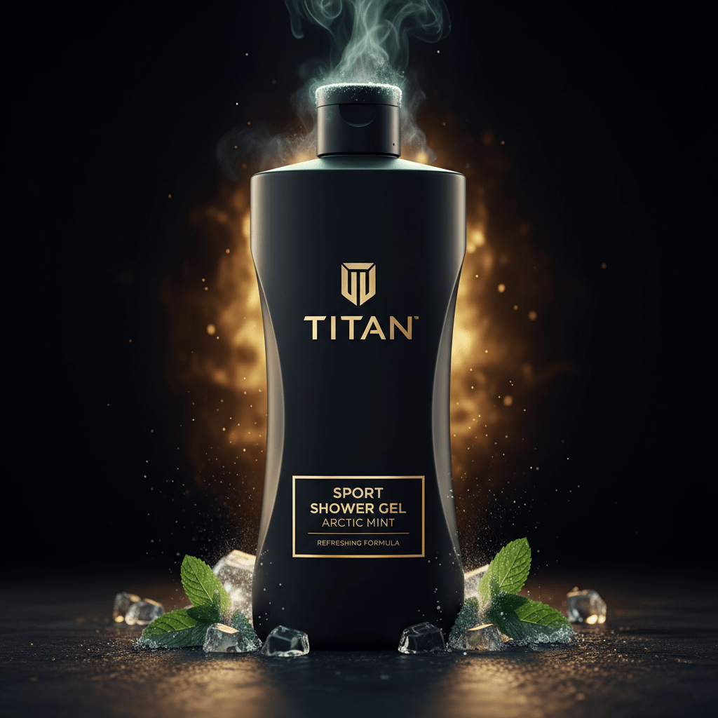 Matte black TITAN Arctic Mint shower gel bottle with gold logo, surrounded by fresh mint leaves and ice on dark base.