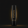 Matte black TITAN SPF 50 lip balm tube with gold vertical text and glowing light effects against a dark background.