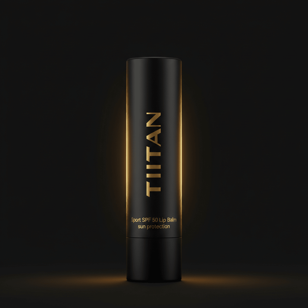 Matte black TITAN SPF 50 lip balm tube with gold vertical text and glowing light effects against a dark background.