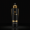 Matte black TITAN Sport Sunscreen bottle with gold pump, metallic logo, and SPF 50 label against a dark background.