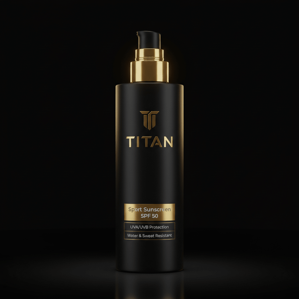Matte black TITAN Sport Sunscreen bottle with gold pump, metallic logo, and SPF 50 label against a dark background.