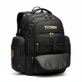 TITAN Crown Edition sports backpack in black with gold branding, zipper pulls, and side shield logo against white.