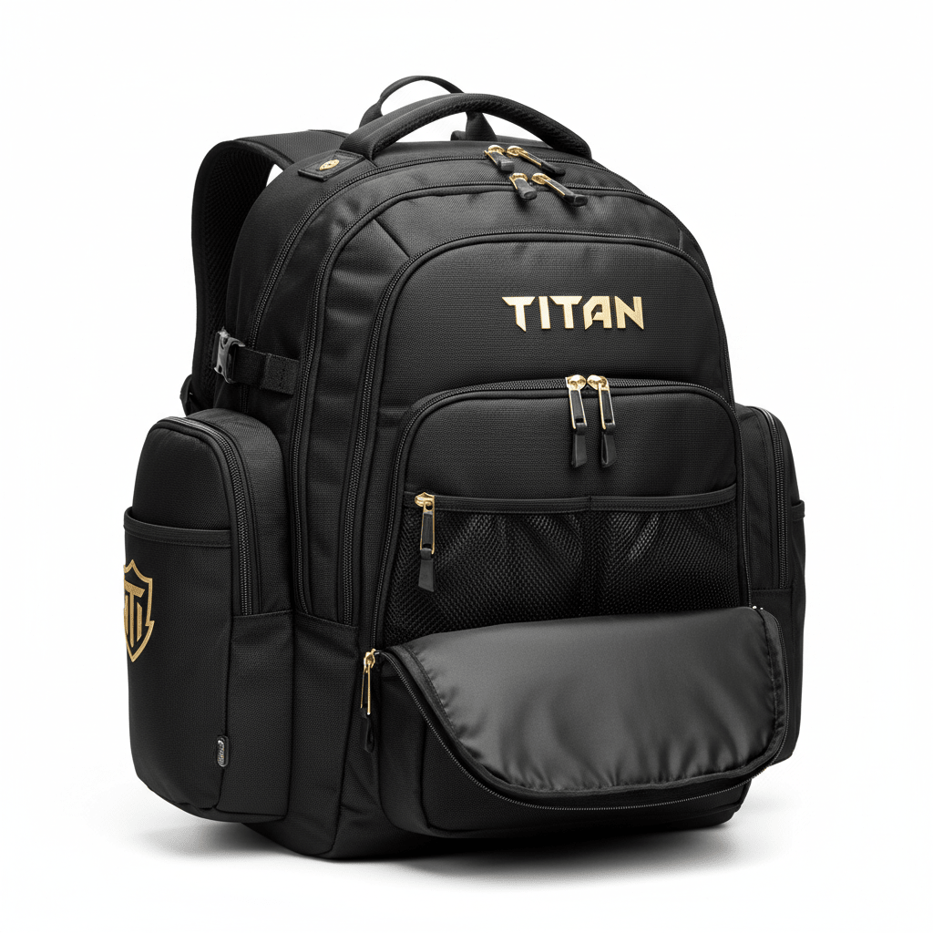 TITAN Crown Edition sports backpack in black with gold branding, zipper pulls, and side shield logo against white.