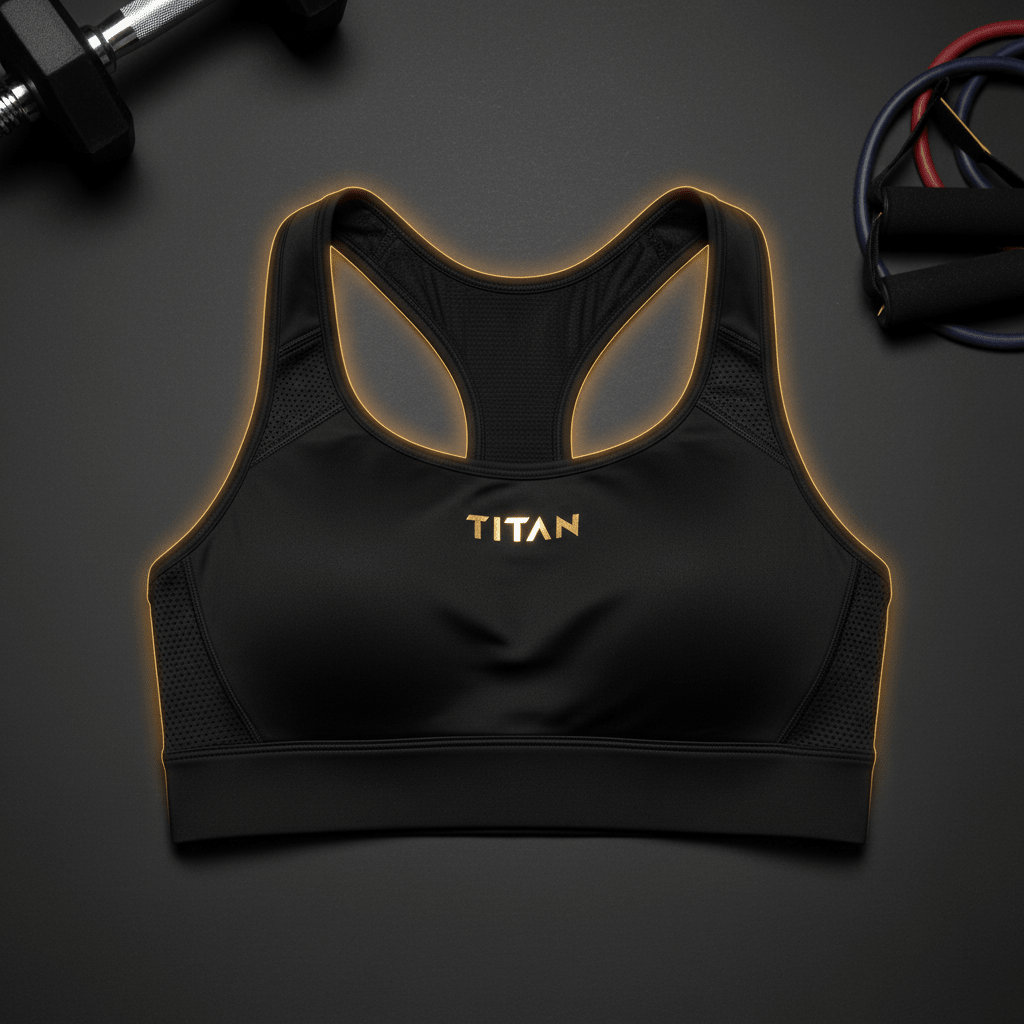 Black high-impact TITAN racerback sports bra with gold logo, mesh side panels, and glowing amber trim.