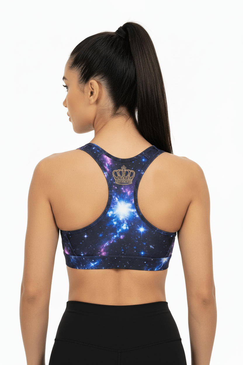 TITAN Sports Bra, Cosmic Burst edition with vibrant blue and purple nebula print and gold crown logo racerback detail.