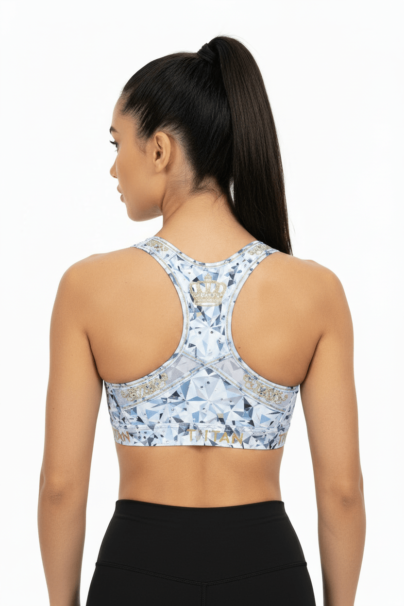 TITAN Sports Bra Diamond Ice racerback featuring a blue geometric diamond print, gold crown logo, and branded hem.