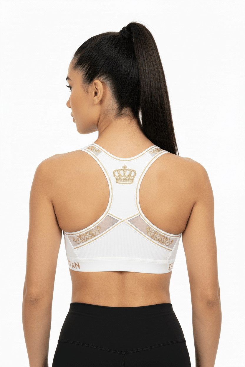 TITAN Sports Bra Gold Crown Edition: white racerback style with gold crown logo, mesh detailing, and ribbed fabric.