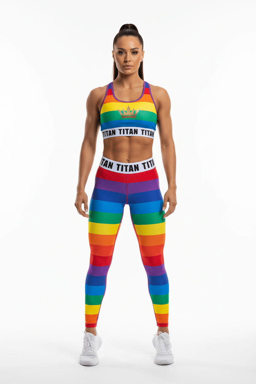 TITAN Sports Bra Rainbow Crown Edition: colorful striped athletic top with gold crown logo and branded waistband.