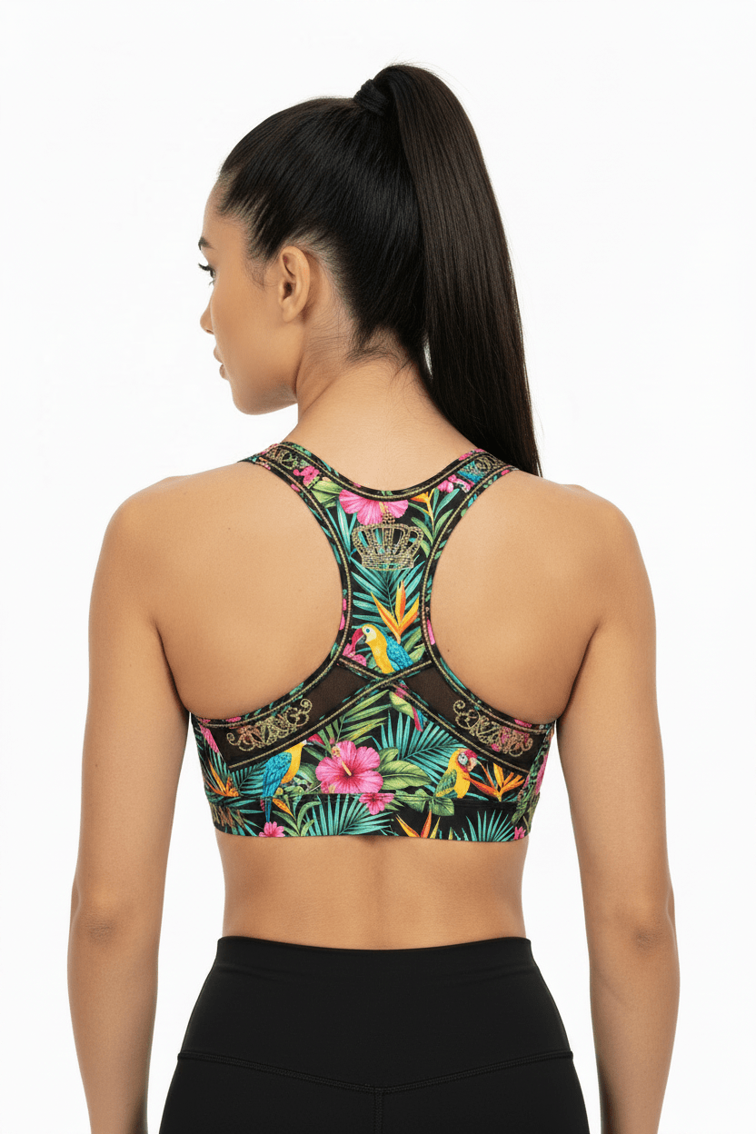 TITAN Sports Bra, Tropical Crown Edition: Racerback design with vibrant tropical floral, parrot, and gold crown print.