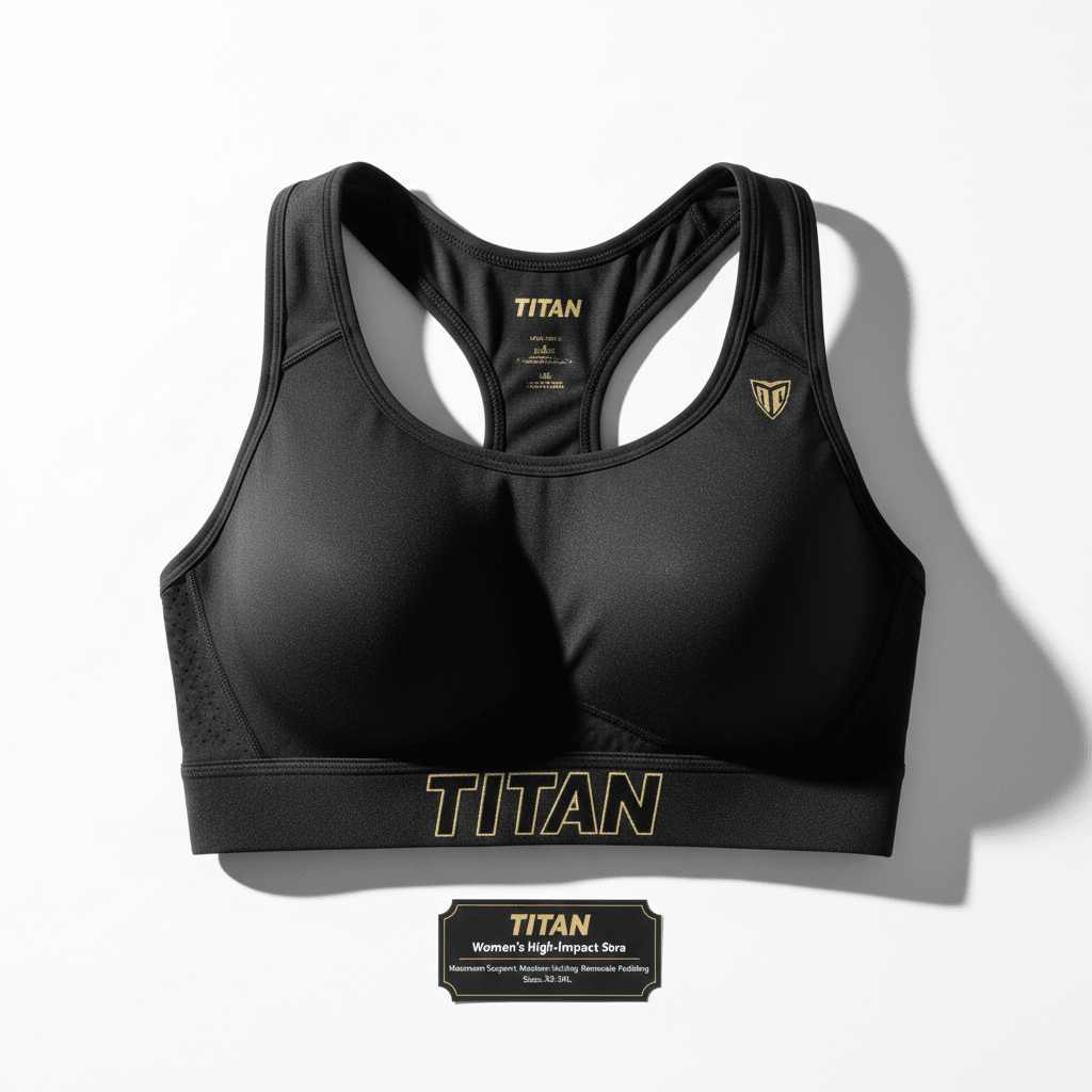 Black high-impact sports bra with racerback, perforated side panels, and gold TITAN branding on chest band.