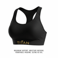 Black high-impact sports bra with racerback design, textured straps, and gold "TITAN" logo on the underbust band.
