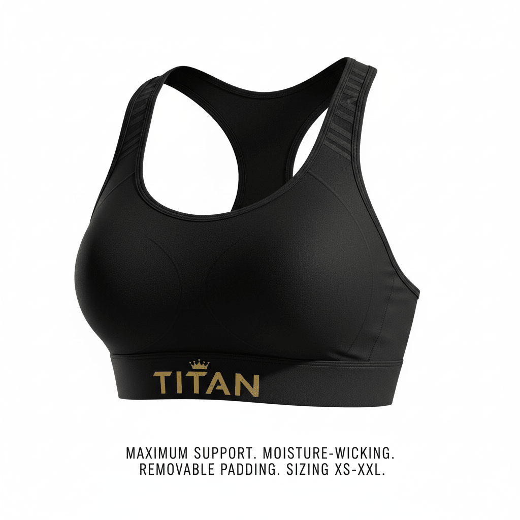 Black high-impact sports bra with racerback design, textured straps, and gold "TITAN" logo on the underbust band.