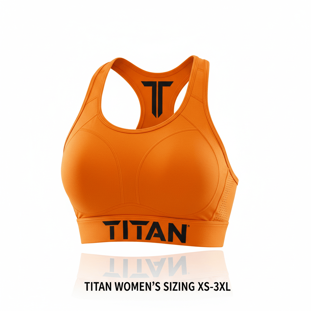 Bright orange high-impact sports bra with racerback, black TITAN logo on chest band, and perforated side panels.