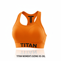 Bright orange high-impact sports bra with racerback, black TITAN logo on chest band, and perforated side panels.
