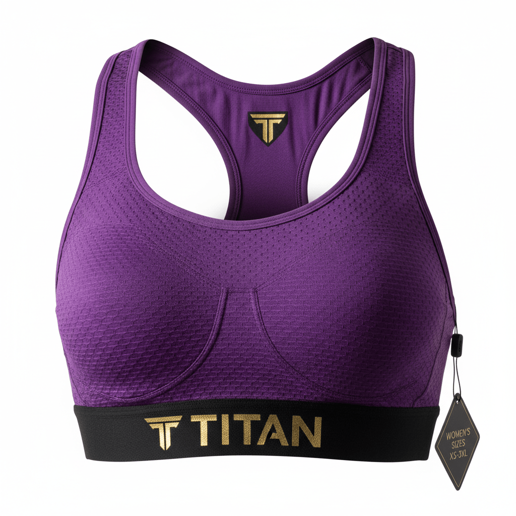 Purple high-impact racerback sports bra with textured fabric, black waistband, and gold TITAN logo.