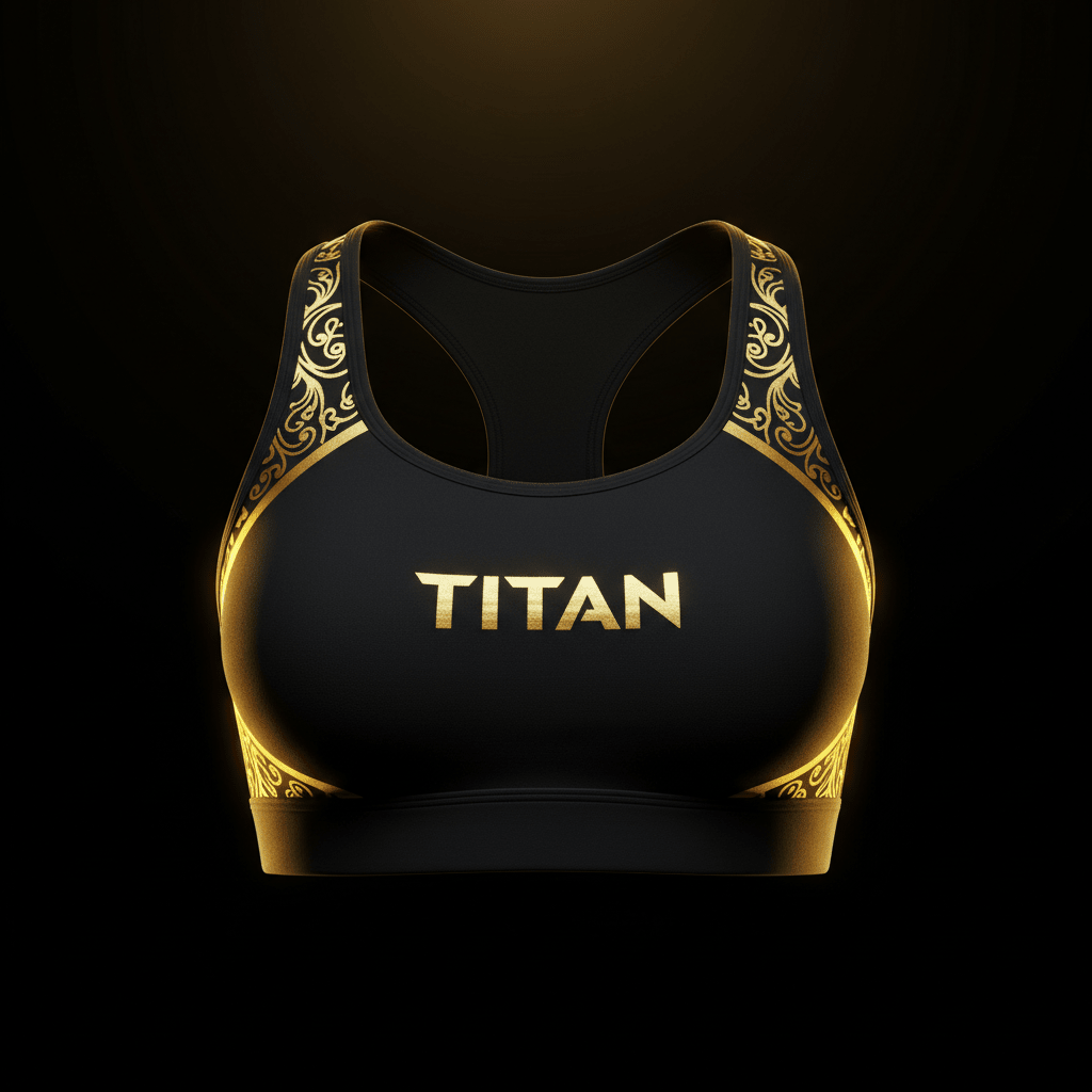 Black high-impact sports bra with gold TITAN logo and decorative gold filigree trim on straps and side panels.