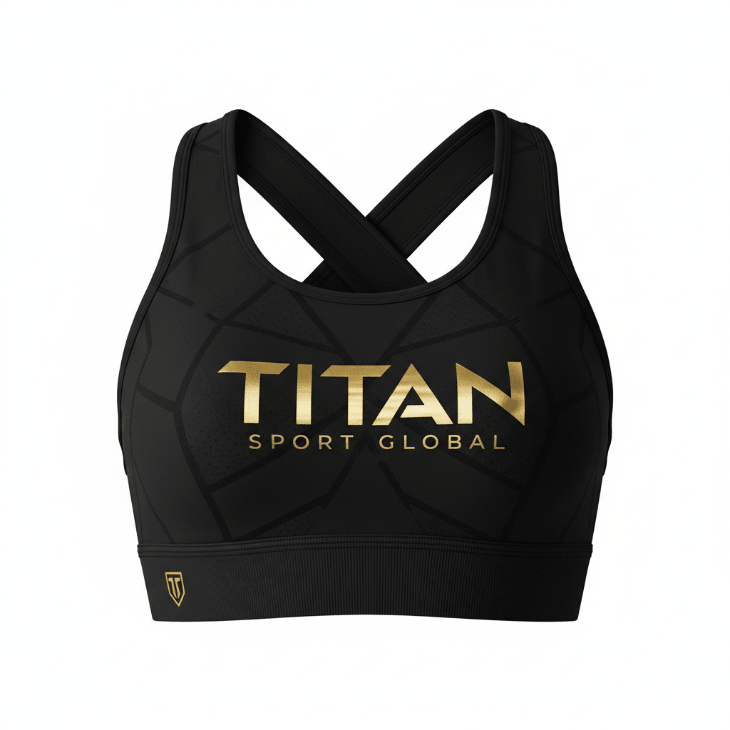 Black bandeau sports bra with cross-back straps, gold TITAN SPORT GLOBAL logo, and geometric mesh pattern detail.