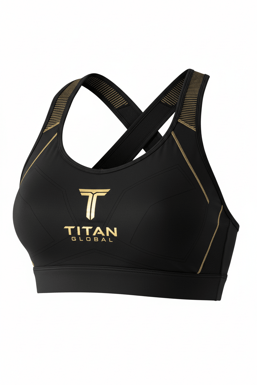 Black longline sports bra with gold Titan Global logo, gold accent stitching, and crisscross back straps.