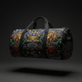 TITAN 60L duffle with lion, crown, and barbell graphics in vibrant colors on a black background.