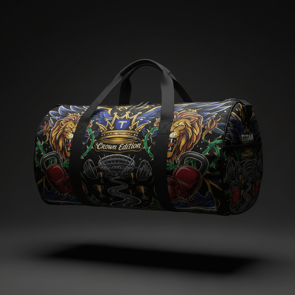 TITAN 60L duffle with lion, crown, and barbell graphics in vibrant colors on a black background.