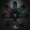 Six black crew socks arranged in a circle, each featuring a unique, detailed animal design in vibrant neon thread.