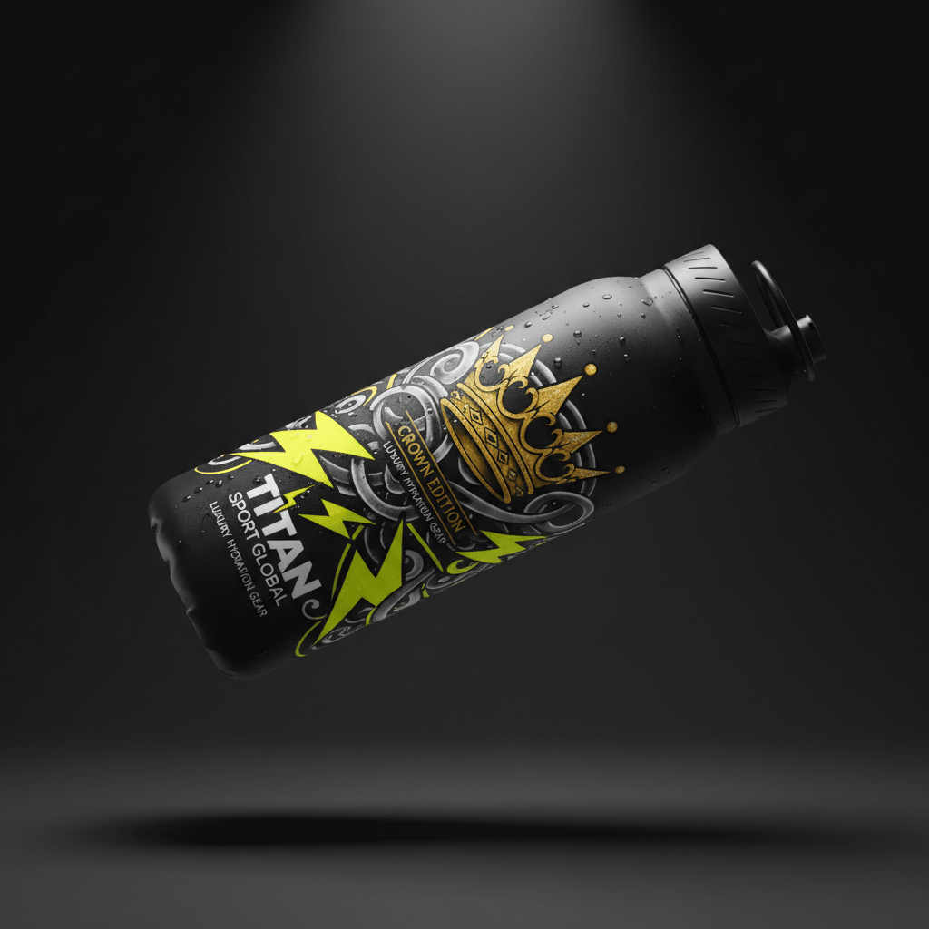 Matte black 32oz TITAN sports bottle with gold crown, yellow lightning bolts, and grey flourishes on black background.