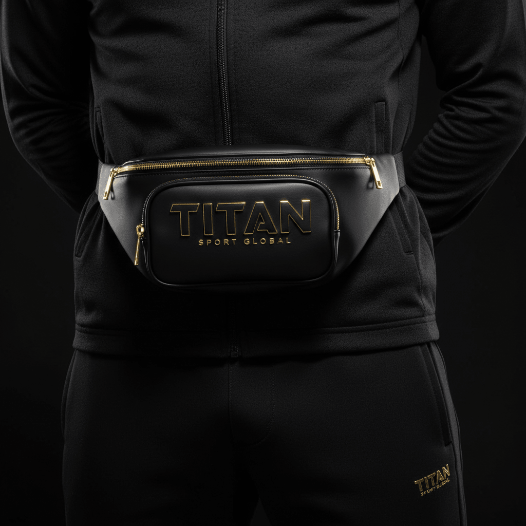 Black leather Titan Stealth fanny pack with gold zippers and raised gold logo, worn around the waist.
