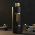 Matte black TITAN strengthening shampoo bottle with gold logo and cap, covered in water droplets on a gym background.