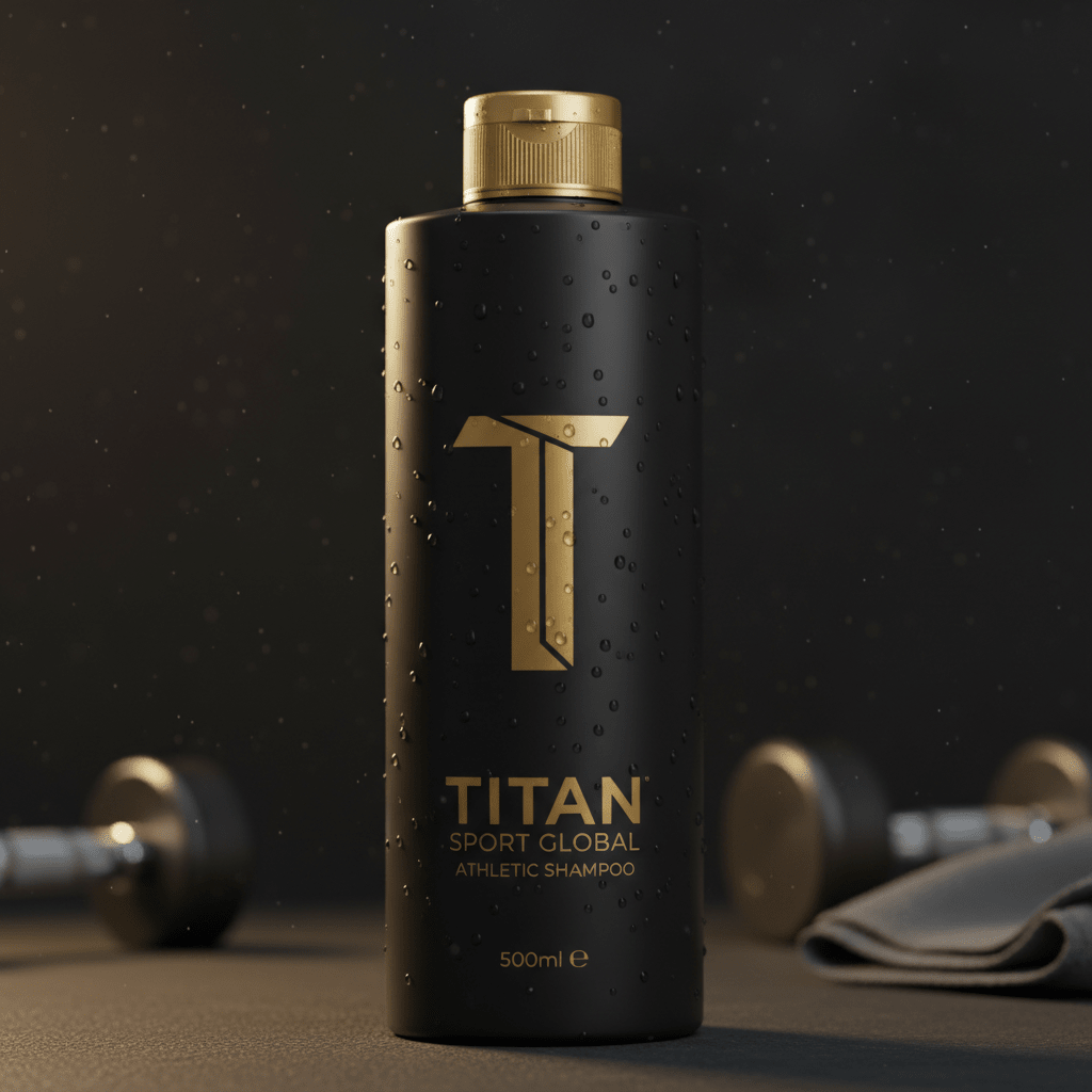 Matte black TITAN strengthening shampoo bottle with gold logo and cap, covered in water droplets on a gym background.